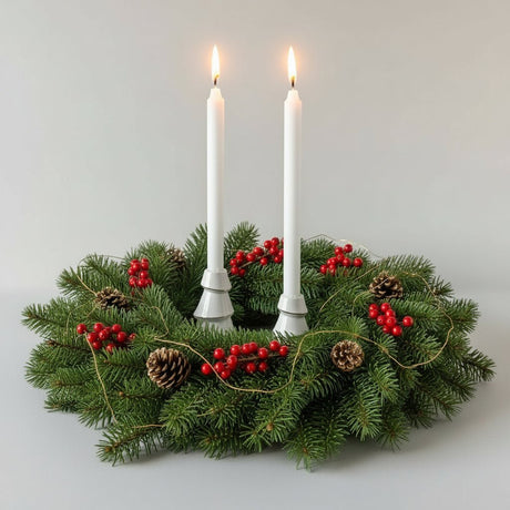 To hvide lysestager formet som juletræer med høje hvide stearinlys.
