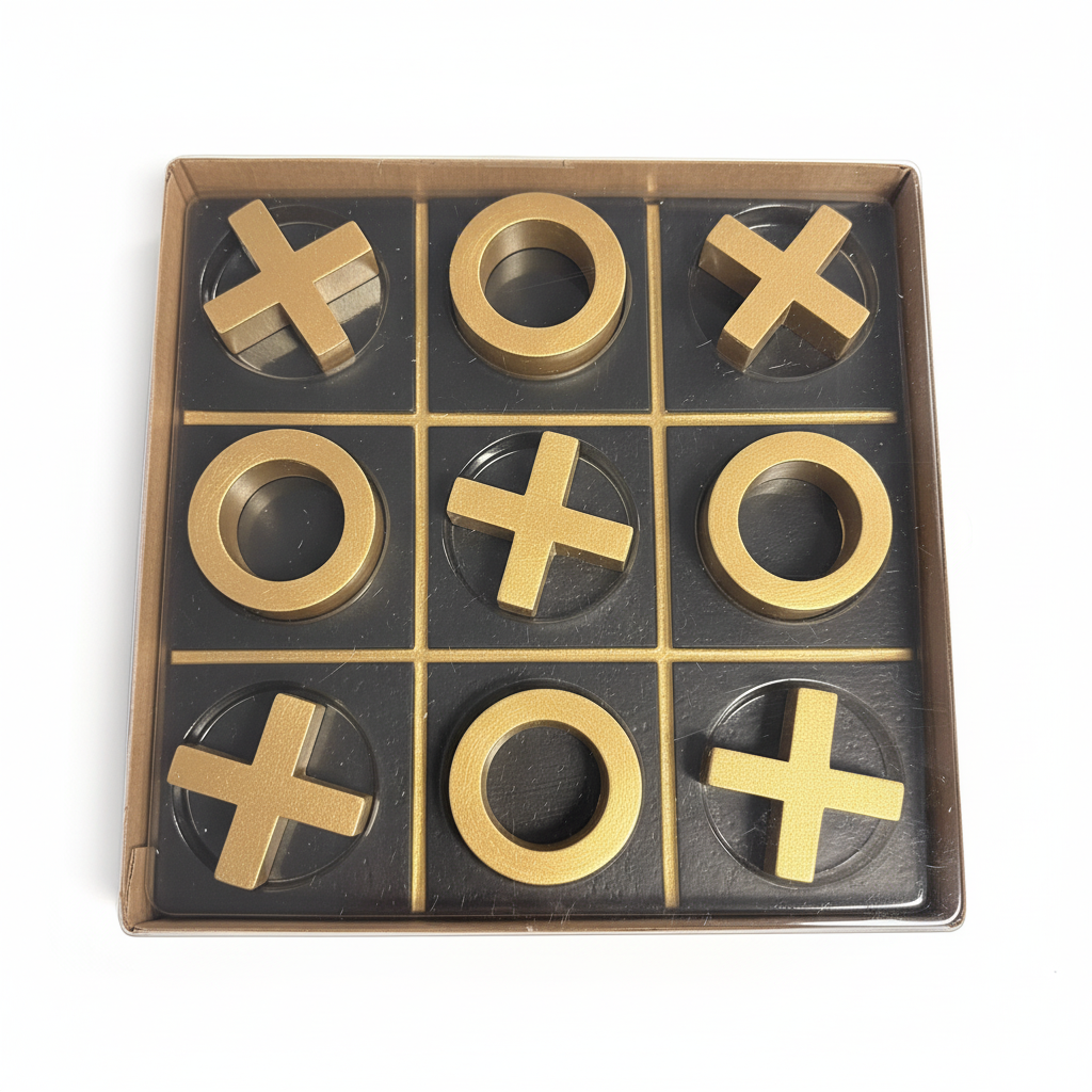 Elegant brettspill i sort og gull på stuebord – stilfull innredningsdetalj