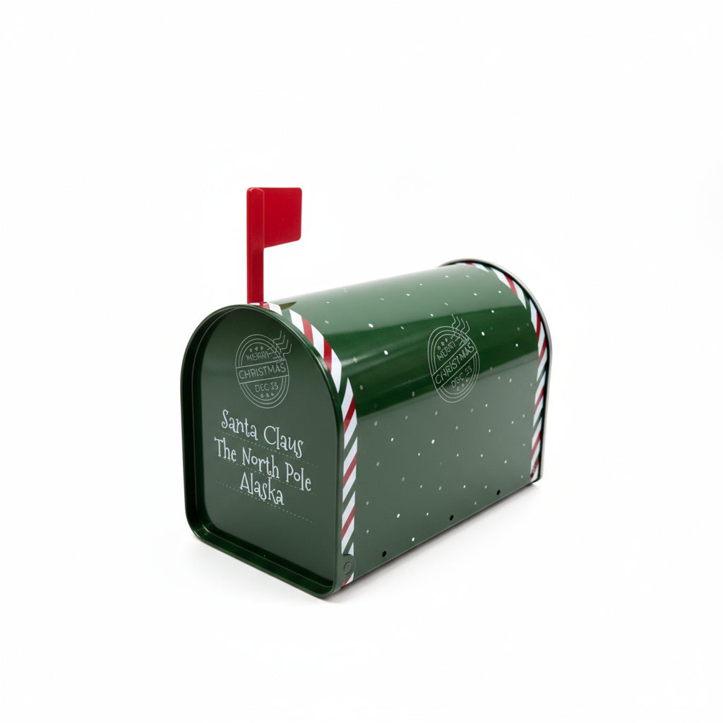 Dekorativ liten metallpostkasse i grønt og rødt med julemotiv – perfekt til julebrev