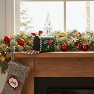 Stor julepostkasse i grønn metall med hvite detaljer og teksten Santa Letters – fra Lindas Dekor