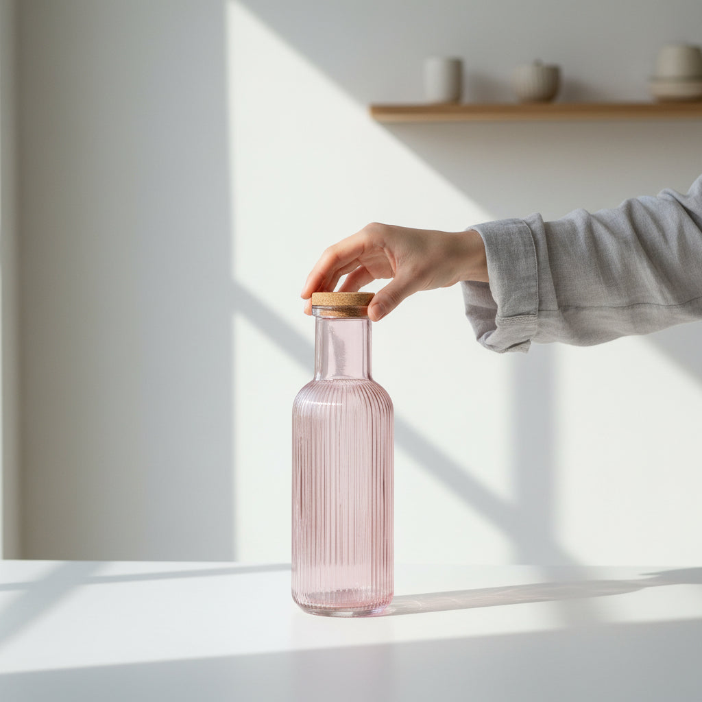 Glassflaske rosa med kork 1 liter - multifunksjonell vase flaske