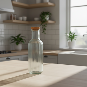 Glassflaske 1 liter 28 cm høy med naturlig korklokk i 4 assorterte design