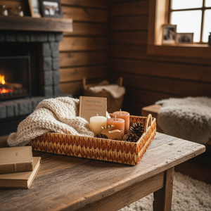 Flettet brett i naturfarget sjøgress brukt som dekor på stuebord