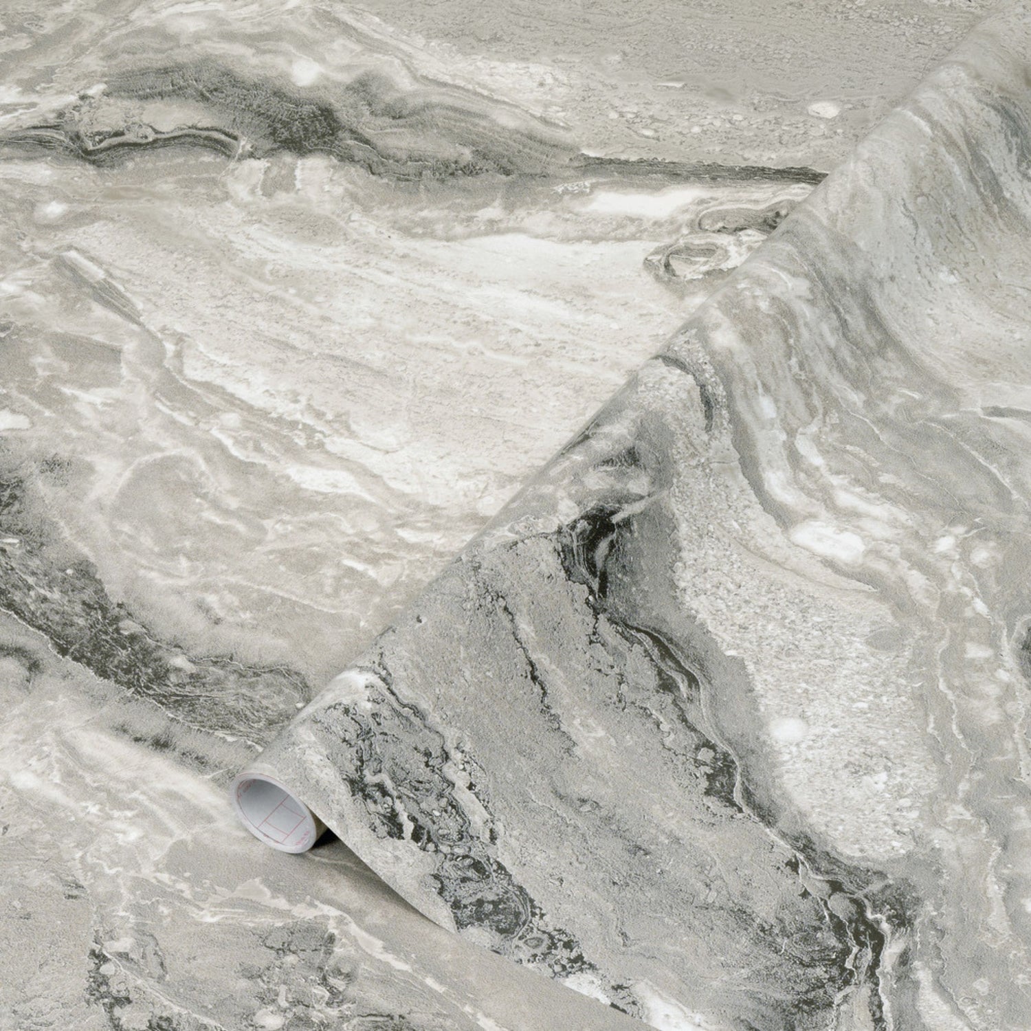 Rull med Iben kontaktplast i elegant steinmønster med grå og hvite sjatteringer.