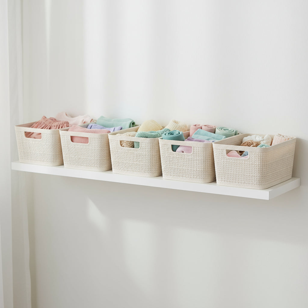 Sandfarget kurv til kjøkken beige vevd plast oppbevaring 25 cm stor 2-pakning