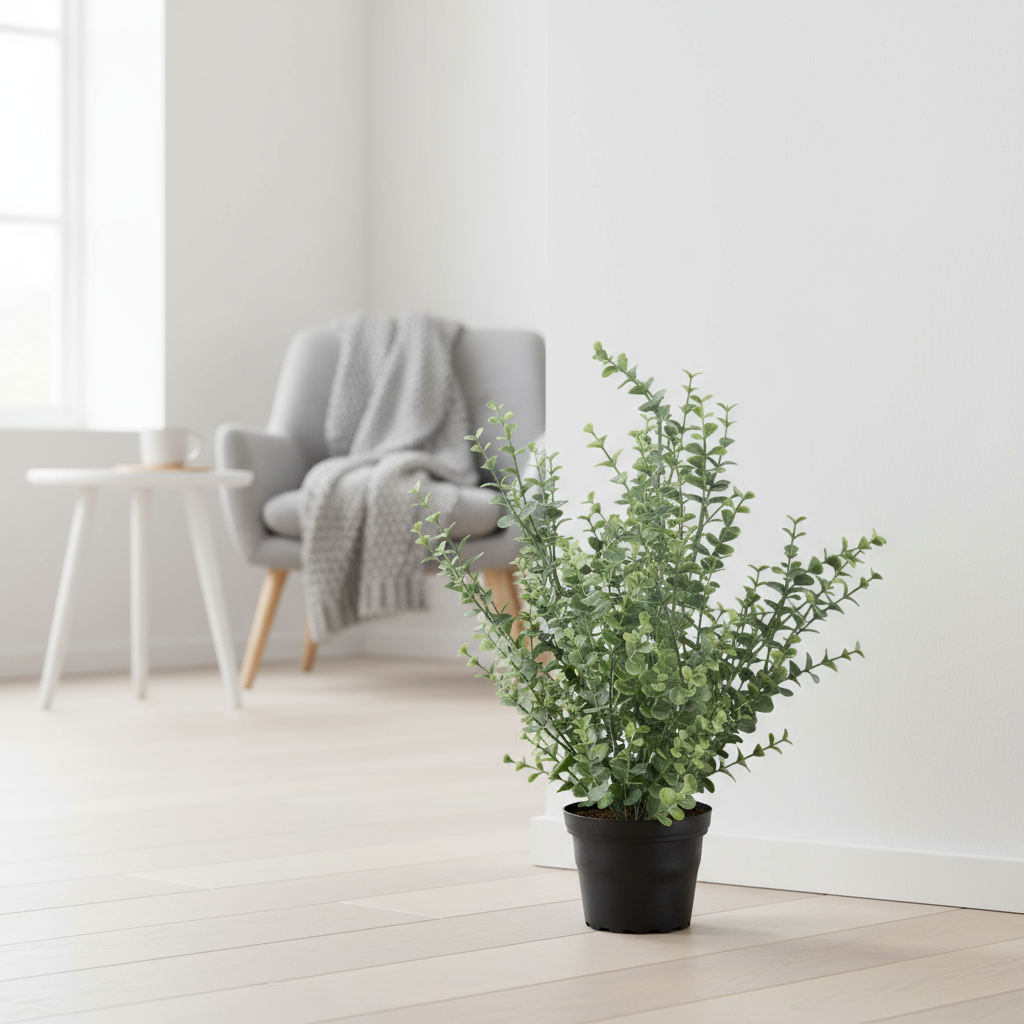 Kunstig eucalyptusplante i sort potte på gulv ved stol fra Lindas Dekor