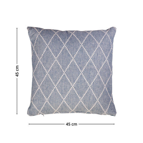 Detaljert bilde av putetrekk i blå jacquard med teksturert overflate.