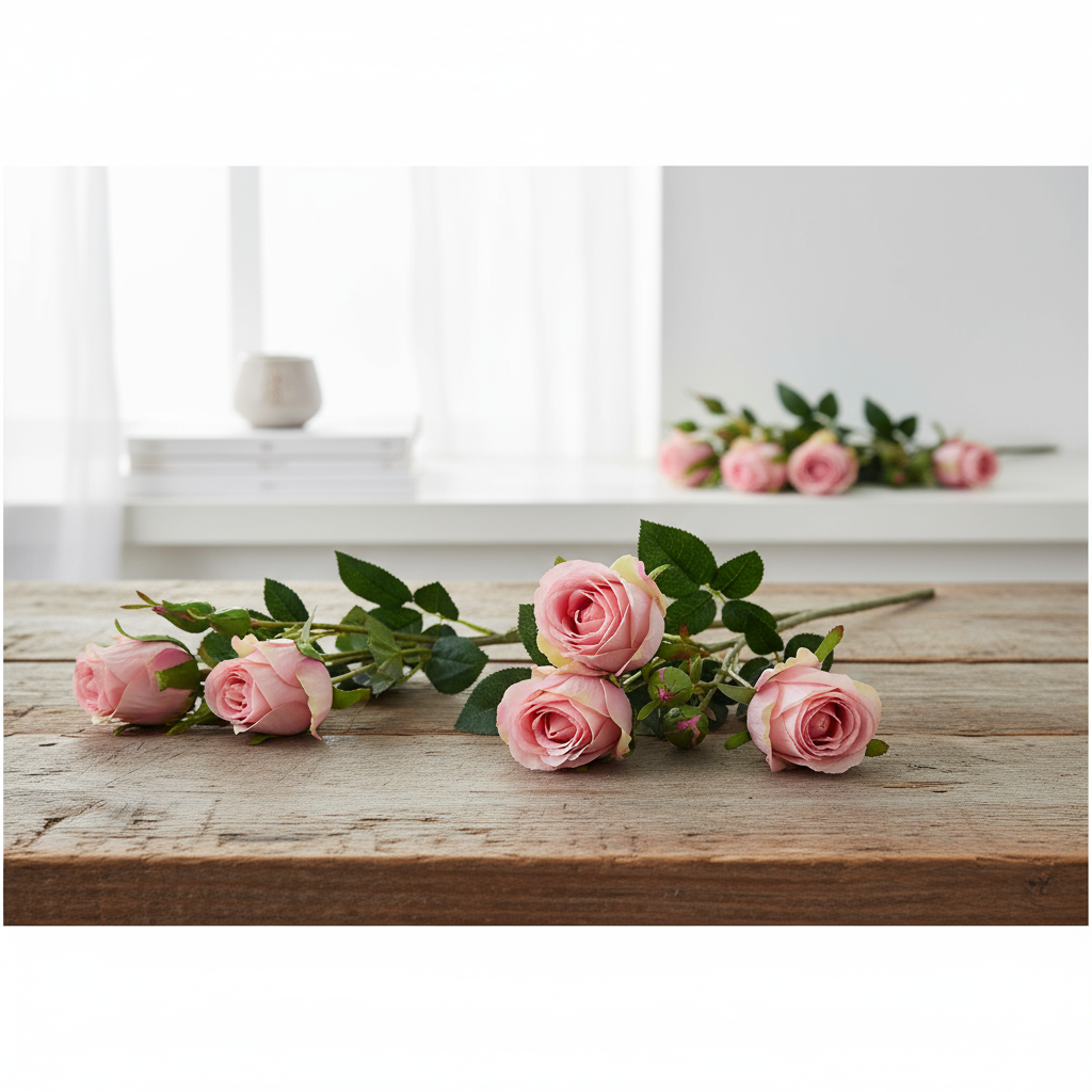 Naturtro kunstrose med grønne blader og rosa blomster