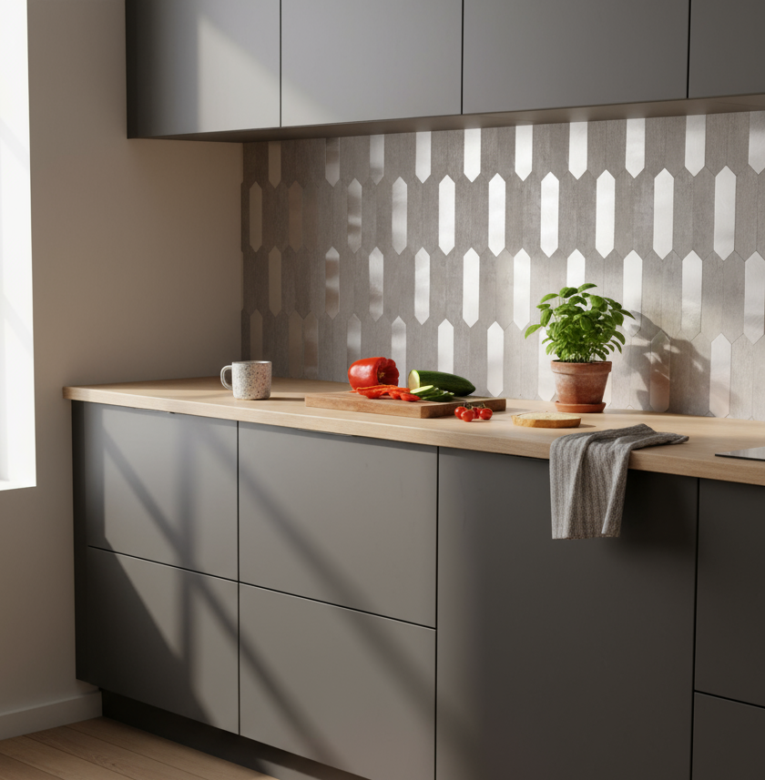 Selvklebende hexagon veggfliser i lys grå steinstruktur til kjøkken og bad