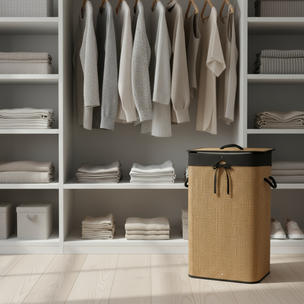 Vaskekurv i bambus med stoffpose – 40×30×60 cm