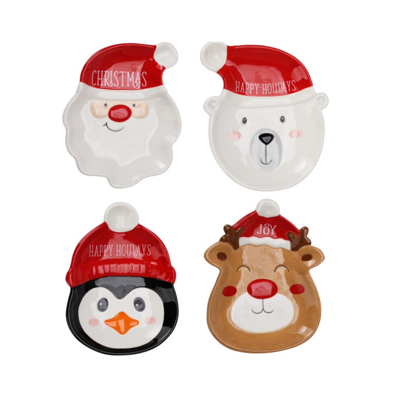Fire keramiske tallerkener med juledesign – nisse, bjørn, pingvin og reinsdyr