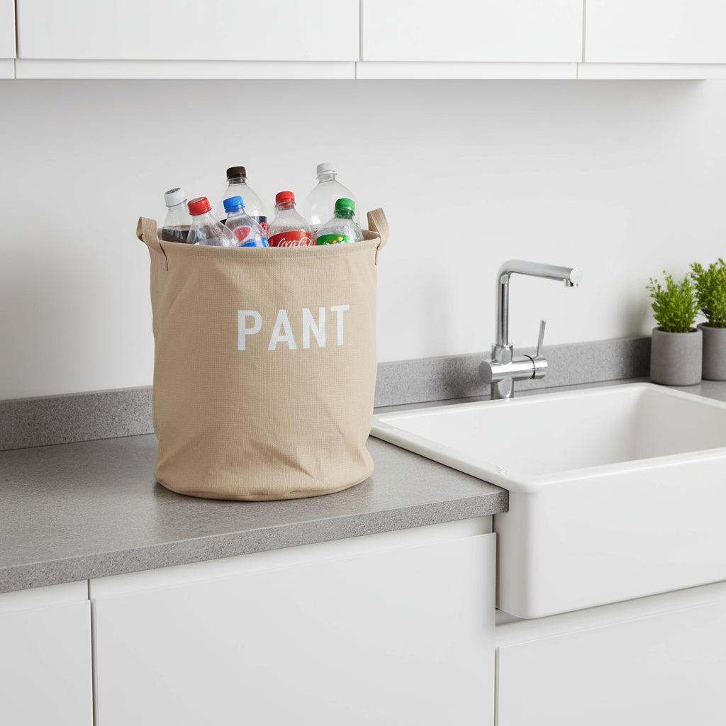 Beige pantesekk i tekstil med teksten “PANT” trykket foran