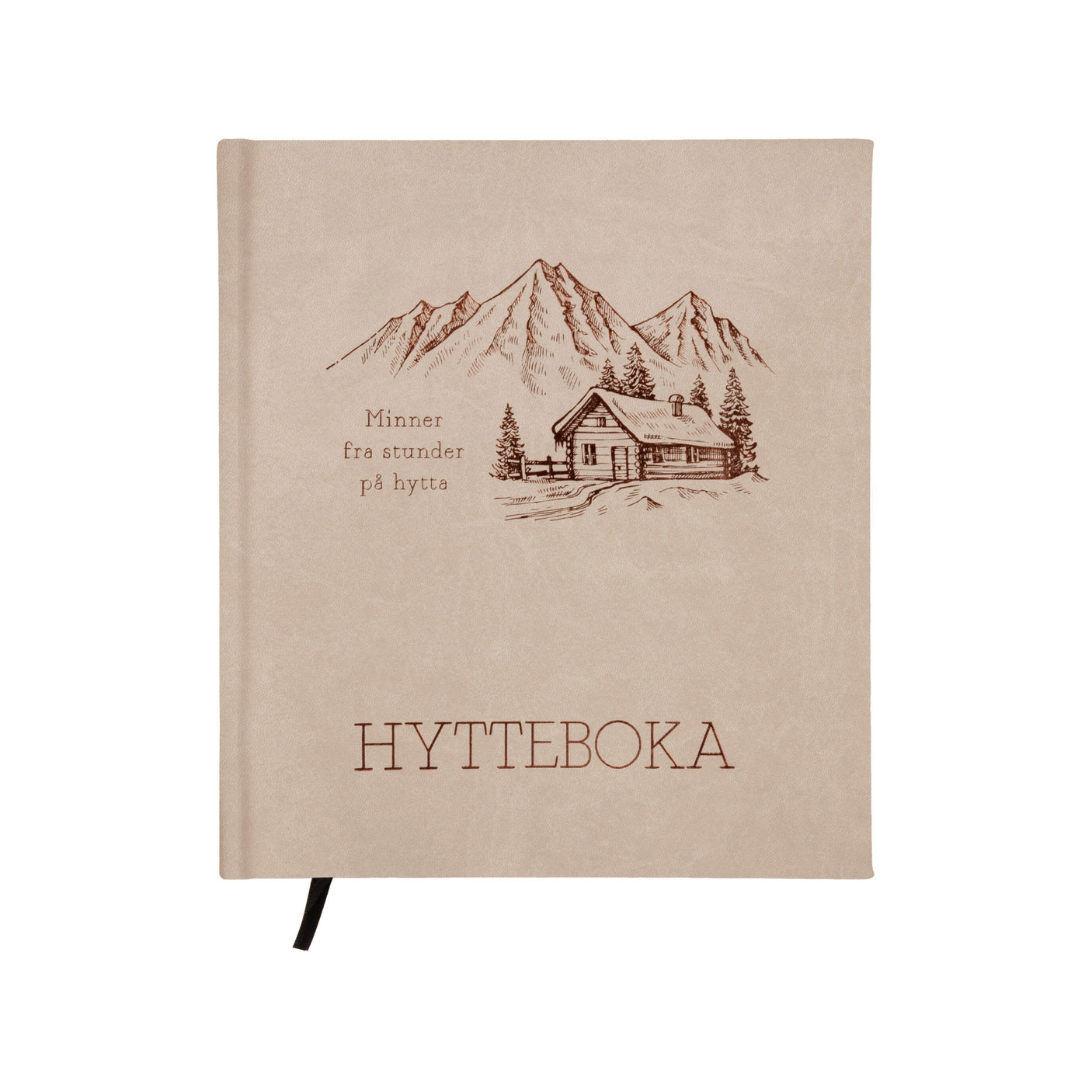 Beige hyttebok «Minner fra hytta» med fjellmotiv, 21 × 24 cm, innbundet med bokmerke.