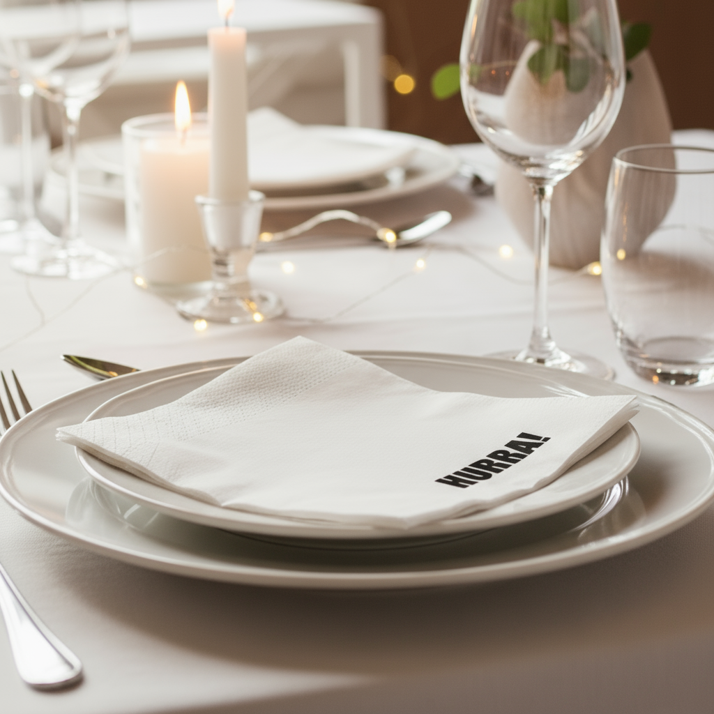 Hvit serviett med teksten HURRA lagt på dekket bord