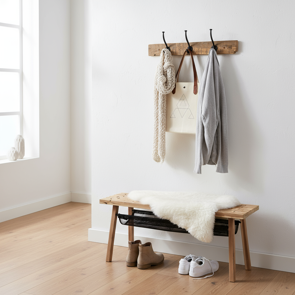 Knaggrekke i tre med metallkroker 50 cm