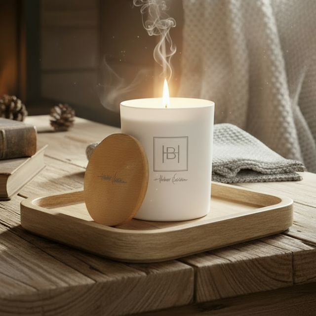 Halvor Bakke White Lime Blossom duftlys i hvitt glass med trelokk