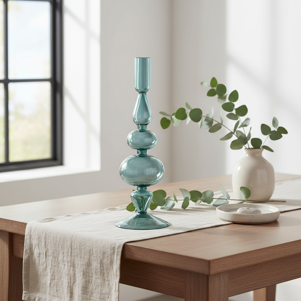 Blå lysestake med moderne form og rund base