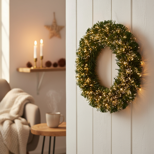 grønn fiberoptisk julekrans med varmhvite lys 50 cm