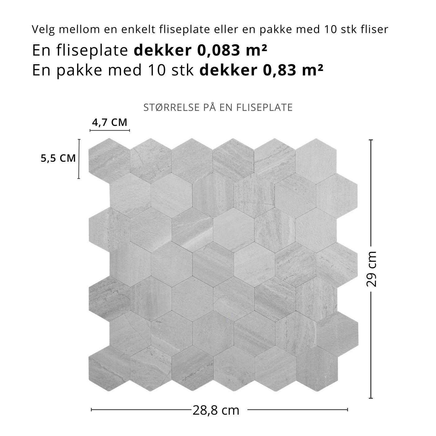 Hexagon lysegrå betong selvklebende veggfliser