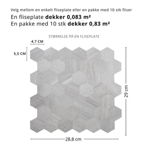 Hexagon lysegrå betong selvklebende veggfliser