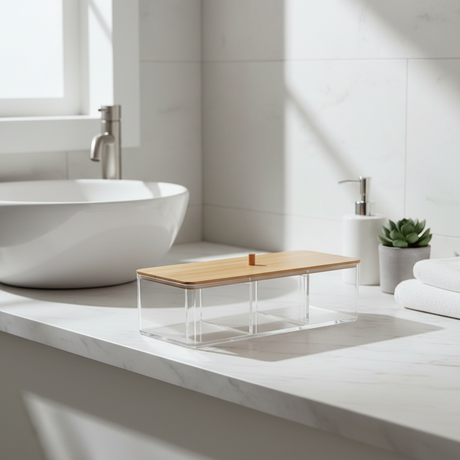 akeup organizer 23 cm med bambuslokk - 3 rom for smart oppbevaring på badet