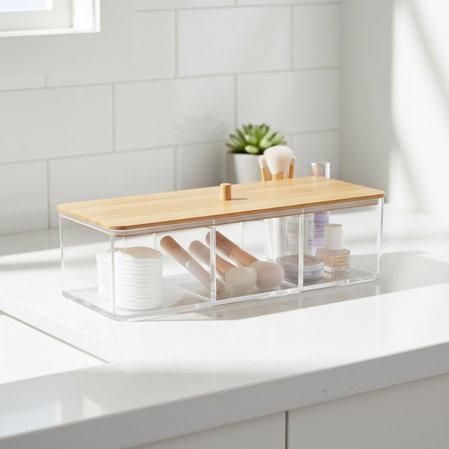 Oppbevaringsboks med bambuslokk 23x9,5x6,5 cm - transparent makeup organizer med 3-delt inndeling