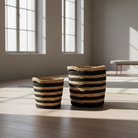 "Oppbevaringskurver stripet sort natur gress bomull 46x37x36,5 cm 2-pk håndlaget