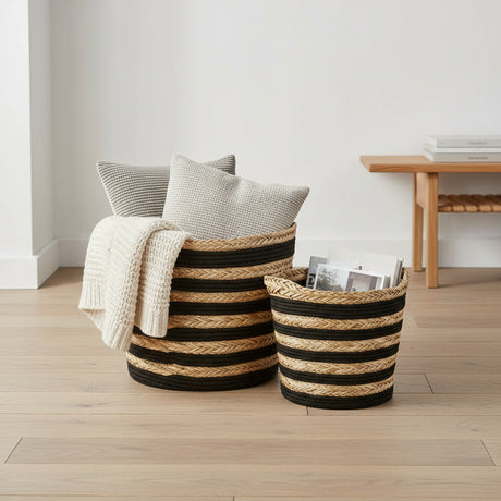 Oppbevaringskurver stripet svart og natur, 2 stk sett i gress og bomull