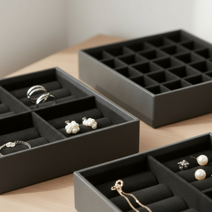 Smykkeboks svart kunstskinn åpen med 4 separate rom for smykkeoppbevaring