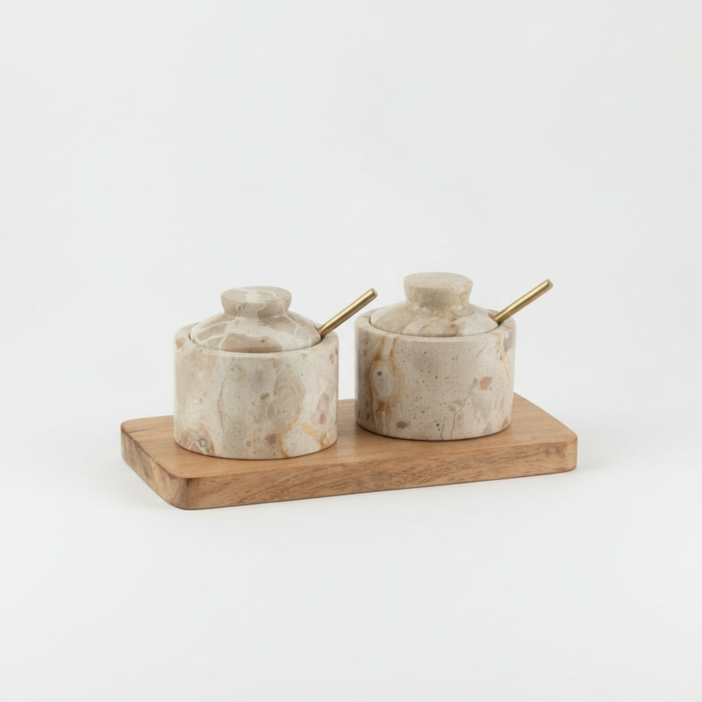 Kryddersett i naturlig beige marmor, 20 cm salt og pepper sett