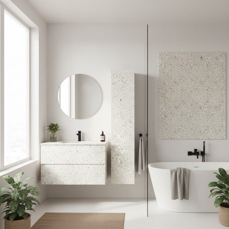 Premium Granitt kontaktplast brukt i lyst baderom, steinlook på møbelfront som gir rolig uttrykk
