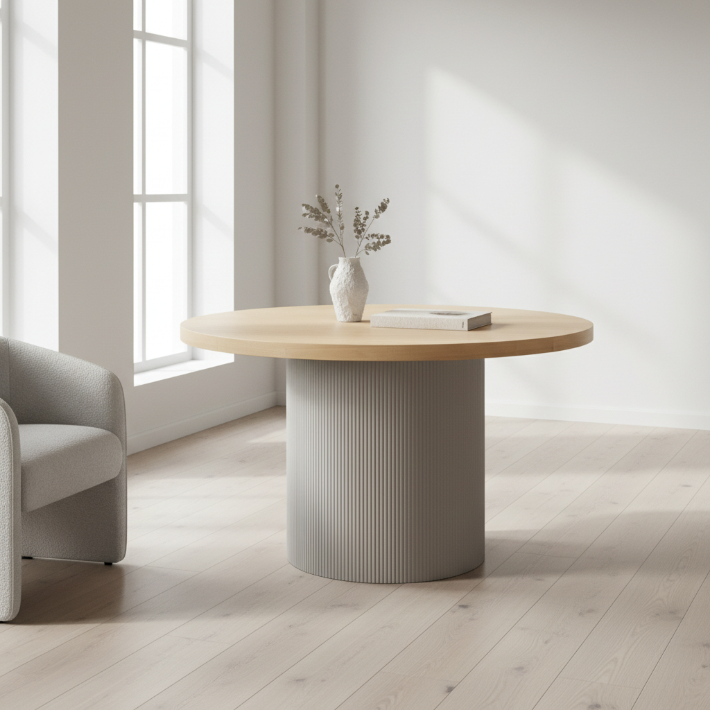 Solva spisebord naturlig eg ø120 cm med sandfarvet sylinderbase - House Nordic
