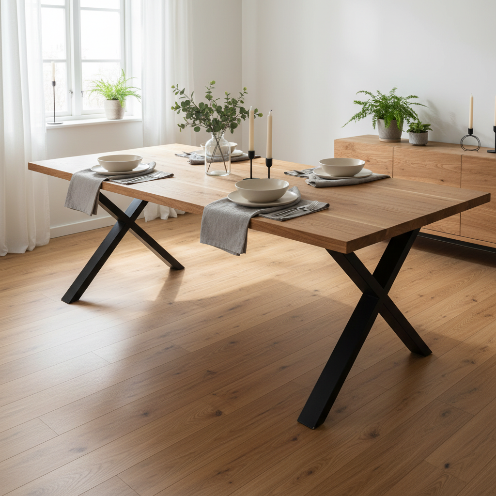 Toulon spisebord natur eik 240 cm med bølgekant og stålben - House Nordic

