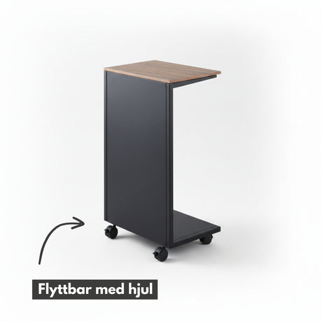 Bord med hjul og treplate, passer til soverom, stue eller hjemmekontor.