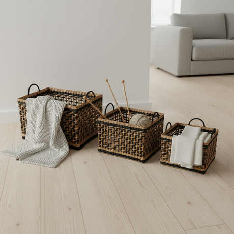 Naturkurver flettet med sorte håndtak - 3 praktiske størrelser