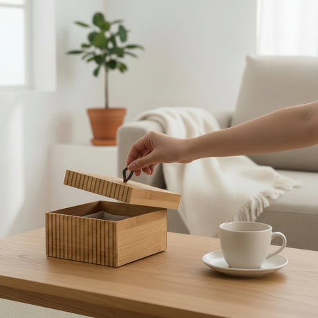 Oppbevaringsboks i FSC-sertifisert bambus 15x15x7cm med skinnstropp håndtak