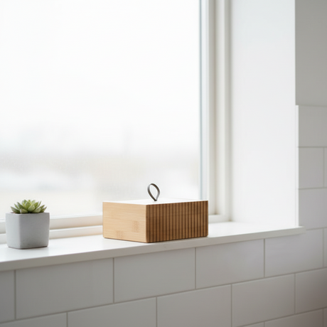 Bambusboks 15x15x7cm med lær håndtak - organisering av smykker og kontorrekvisita