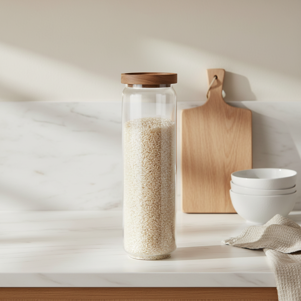 Glasskrukke 1,5L med trelokk - slank oppbevaring til pasta og ris