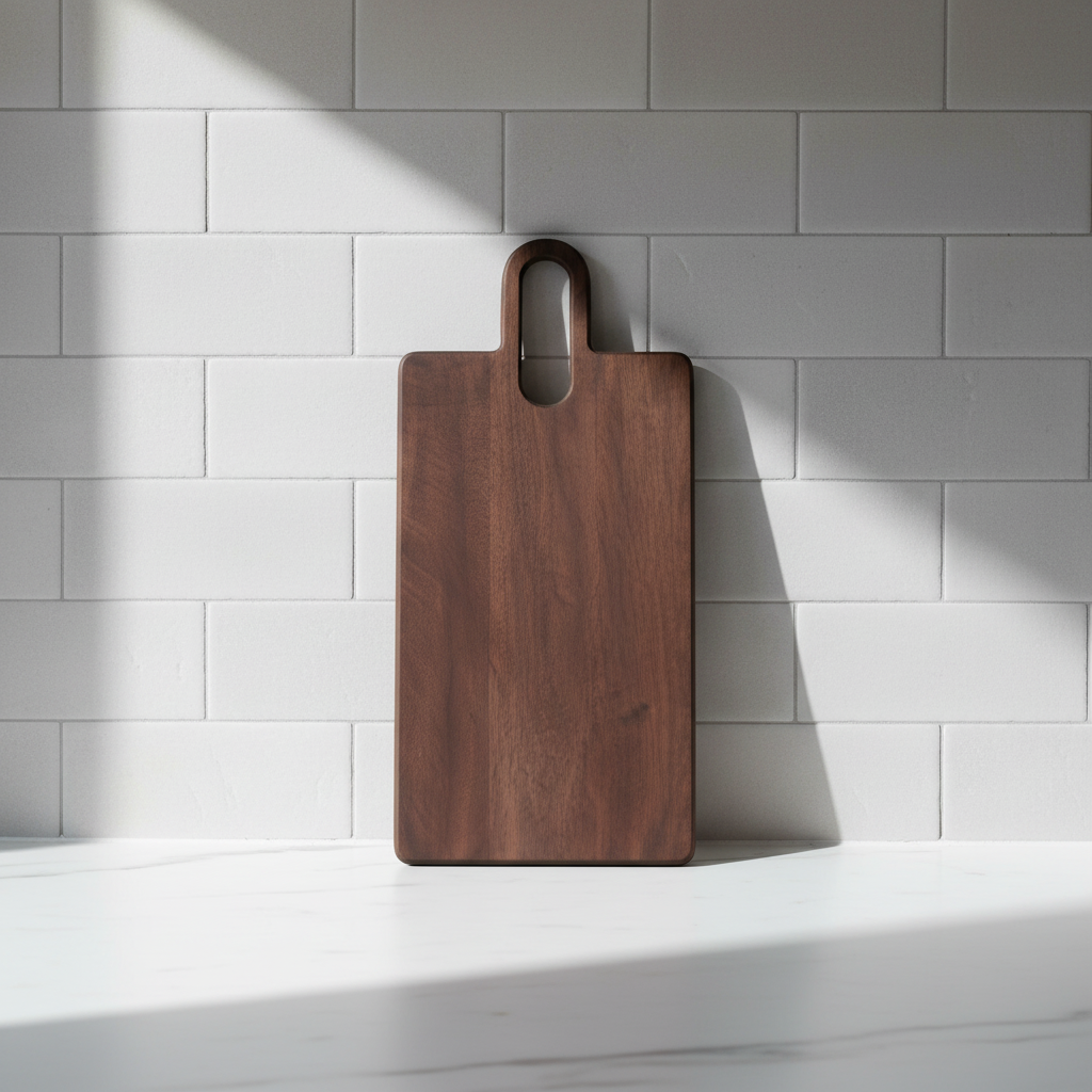 Håndlaget skjærefjøl i mangotre plassert på kjøkkenbenk i nordisk interiør