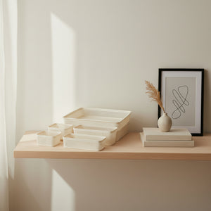 Kurvsett vevd sand PP - 5 størrelser til håndklær og kosmetikk