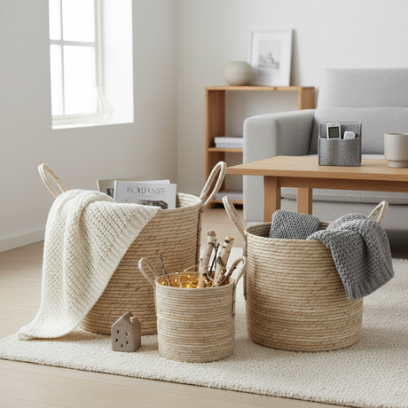 Håndflettede kurver i maiblad - organisk oppbevaring dekor