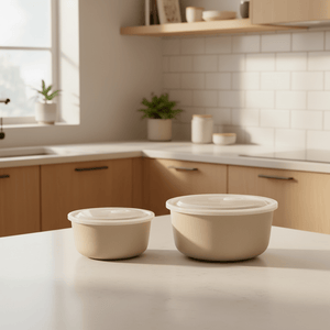 2 - pk Porselenskål med lokk og ventil beige - Lindas Dekor
