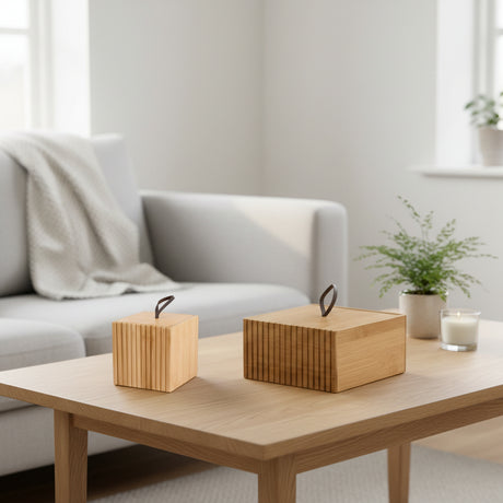 Oppbevaringsbokser bambus 2-pk med skinnstropp - naturlig organisering