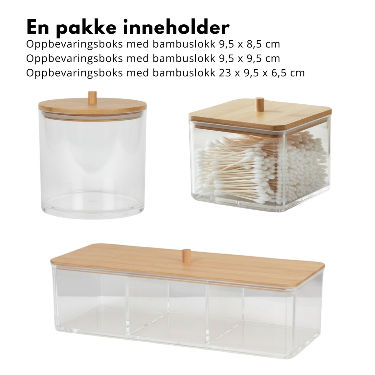 3 - pk oppbevaringsbokser akryl med bambuslokk - Lindas Dekor