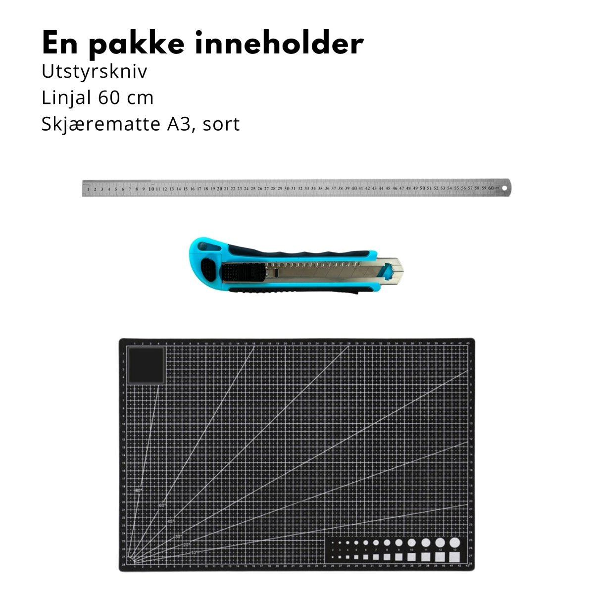 Skjærematte A3 30x45 cm sort linjal rustfritt stål utstyrskniv verktøypakke