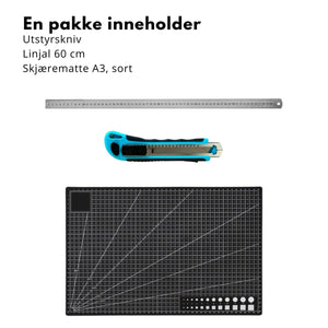 Skjærematte A3 30x45 cm sort linjal rustfritt stål utstyrskniv verktøypakke