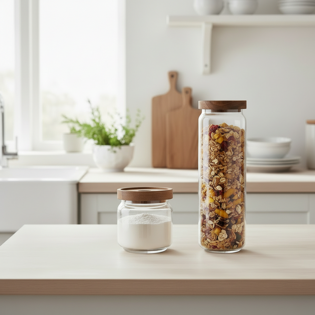 Kjøkkenkrukker i glass med akasietre lokk - 2-pack til krydder, kaffe og te