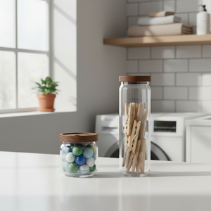 Glasskrukke med trelokk til tørrvarer - stor 1,5 l og liten 0,4 l i klart glass