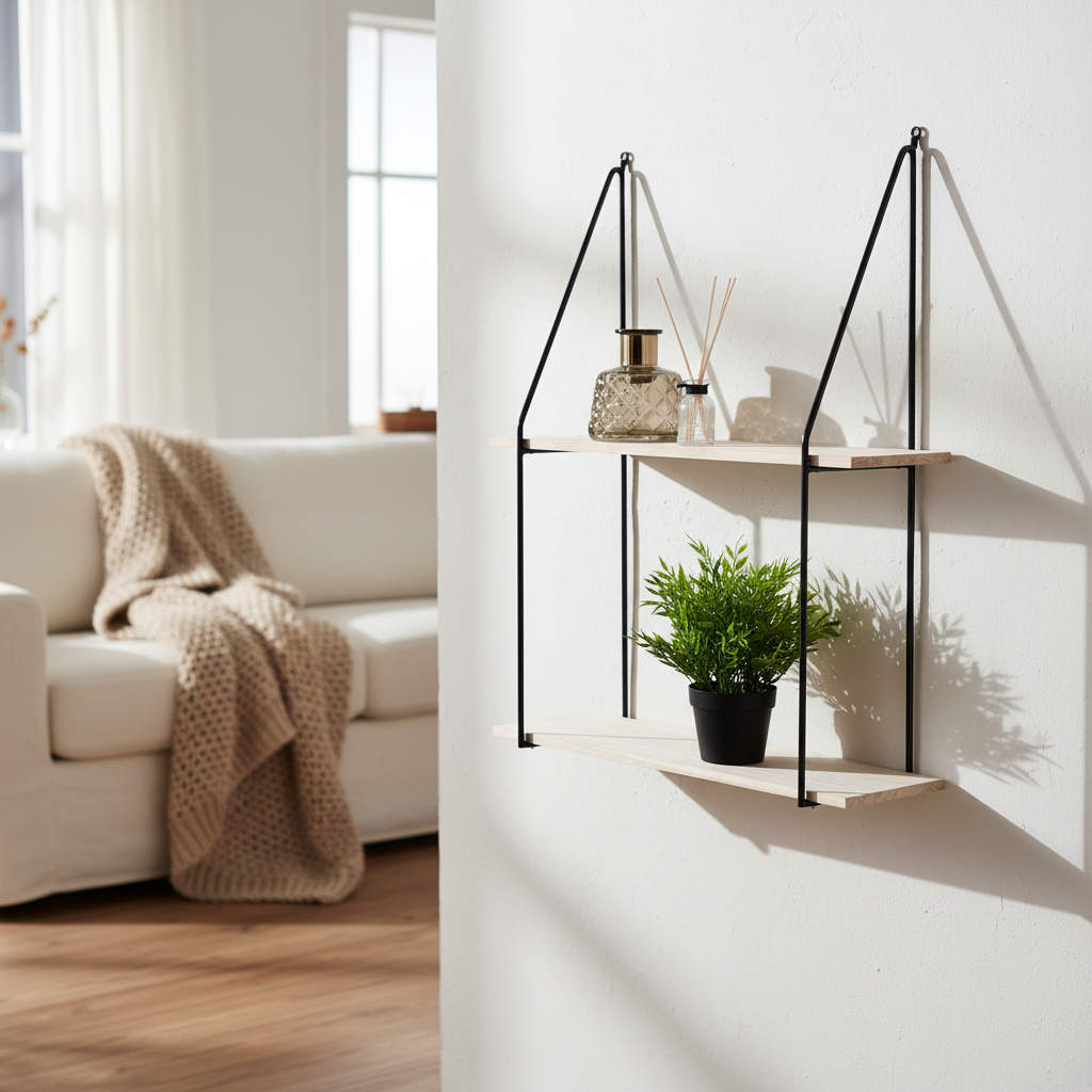 Haag vegghylle 55 x 21 cm med sort metallramme og to trehyller, montert på lys vegg i stue