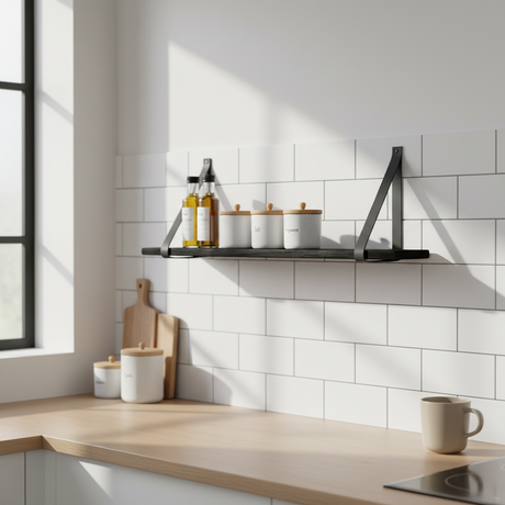 Forno vegghylle sett fra siden, viser dybde 20 cm og oppheng med skinnstropper